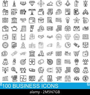 100 Business-Icons gesetzt. Skizzieren Sie die Darstellung von 100 Geschäftssymbolen, die auf weißem Hintergrund isoliert sind Stock Vektor