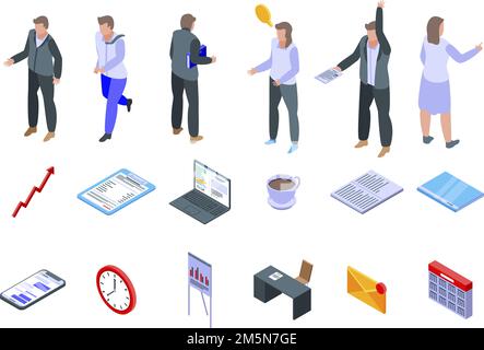 Büro-Manager-Symbole festgelegt. Isometrischer Satz von Office Manager-Vektorsymbolen für Webdesign isoliert auf weißem Hintergrund Stock Vektor