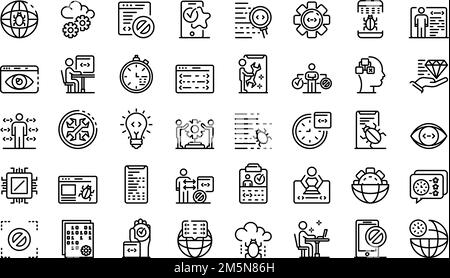 Symbole für Testsoftware eingestellt. Skizzieren Sie die Vektorsymbole der Testsoftware für das Webdesign auf weißem Hintergrund Stock Vektor