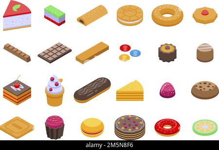 Symbole für Süßwaren eingestellt. Isometrischer Satz von Vektorsymbolen für Süßwaren für Webdesign auf weißem Hintergrund isoliert Stock Vektor