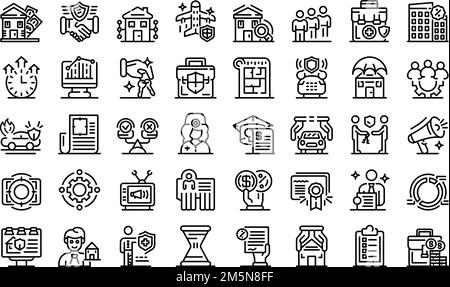 Symbole für Werbeagenten eingestellt. Skizzieren Sie die Vektorsymbole für Werbeagenten für das Web-Design auf weißem Hintergrund Stock Vektor