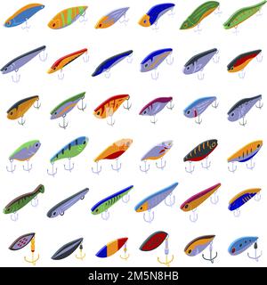 Fischköder Symbole gesetzt. Isometrischer Satz von Fischköder-Vektorsymbolen für Webdesign isoliert auf weißem Hintergrund Stock Vektor