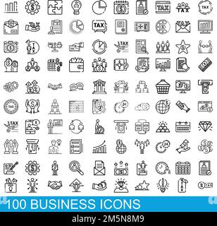 100 Business-Icons gesetzt. Skizzieren Sie die Darstellung von 100 Geschäftssymbolen, die auf weißem Hintergrund isoliert sind Stock Vektor