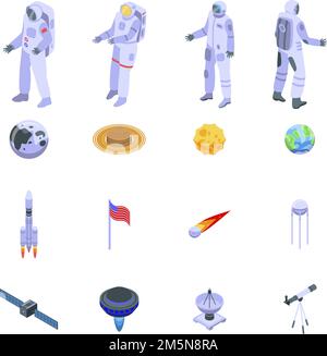 Astronautensymbole gesetzt. Isometrischer Satz von Astronautenvektor-Symbolen für Webdesign isoliert auf weißem Hintergrund Stock Vektor