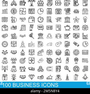 100 Business-Icons gesetzt. Skizzieren Sie die Darstellung von 100 Geschäftssymbolen, die auf weißem Hintergrund isoliert sind Stock Vektor