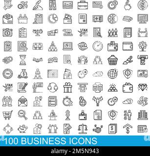 100 Business-Icons gesetzt. Skizzieren Sie die Darstellung von 100 Geschäftssymbolen, die auf weißem Hintergrund isoliert sind Stock Vektor