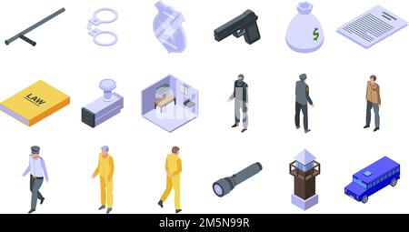 Gefängnis-Symbole festgelegt. Isometrischer Satz von Gefängnisvektor-Symbolen für Webdesign isoliert auf weißem Hintergrund Stock Vektor