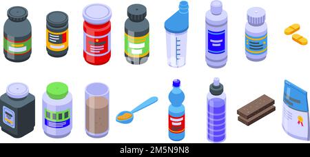 Symbole für Sportnahrung eingestellt. Isometrischer Satz von Vektorsymbolen für die Sporternährung für Webdesign auf weißem Hintergrund isoliert Stock Vektor