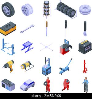 Symbole für die Reifenmontage festgelegt. Isometrischer Satz von Vektorsymbolen für die Reifenmontage für Webdesign, isoliert auf weißem Hintergrund Stock Vektor