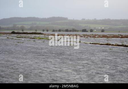 Das Wasser bedeckt Felder in der Nähe des Dorfes Muchelney in Somerset. Der Meteorologe Simon Partridge von Met Office sagte: "Das Wetter in Großbritannien wird wegen des Wetters in den USA durch weitere nasse und windige Wetterperioden aufgrund der Verstärkung des Jetstroms unruhig bleiben." Foto: Freitag, 30. Dezember 2022. Stockfoto