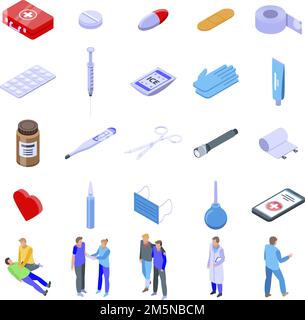 Symbole für die erste medizinische Hilfe festgelegt. Isometrischer Satz von Vektorsymbolen der ersten medizinischen Hilfe für Webdesign isoliert auf weißem Hintergrund Stock Vektor