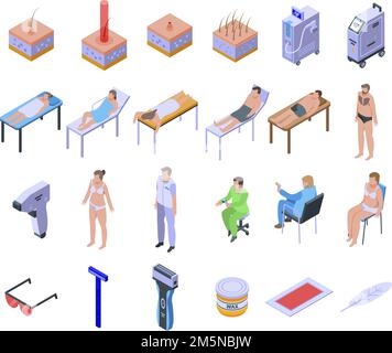 Symbole für die Entfernung von Laserhaaren festgelegt. Isometrischer Satz von Vektorsymbolen zur Entfernung von Laserhaaren für Webdesign, isoliert auf weißem Hintergrund Stock Vektor