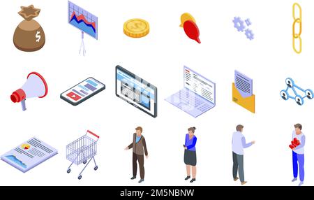 Affiliate-Marketing-Symbole festgelegt. Isometrischer Satz von Vektorsymbolen für Affiliate-Marketing für Web-Design isoliert auf weißem Hintergrund Stock Vektor