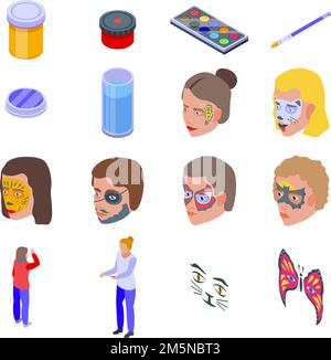 Symbole für Gesichtsmalerei eingestellt. Isometrischer Satz von Vektorsymbolen für die Gesichtsmalerei für Webdesign auf weißem Hintergrund isoliert Stock Vektor