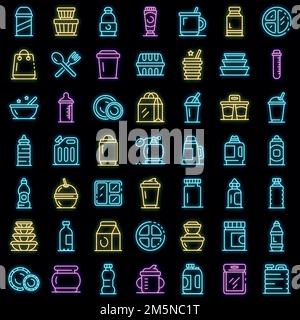 Plastik Geschirr Icons Set. Umriss Satz von Kunststoff-Geschirr Vektor-Icons Neon-Farbe auf schwarz Stock Vektor