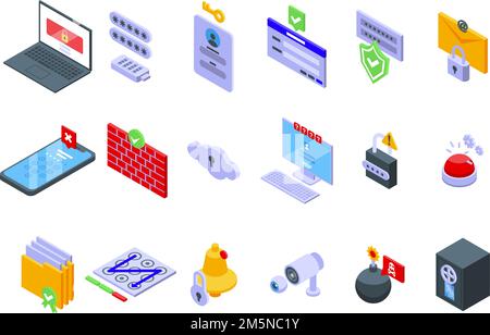 Kennwortschutz-Symbole festgelegt. Isometrischer Satz von Vektorsymbolen für den Kennwortschutz für Webdesigns, isoliert auf weißem Hintergrund Stock Vektor