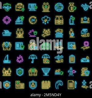 Symbole für Familienreiseversicherung eingestellt. Skizzieren Sie Satz von Familie Reise Versicherung Vektor-Symbole Neonfarbe auf schwarz Stock Vektor