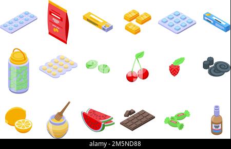 Symbole für Hustentropfen eingestellt. Isometrischer Satz von Vektorsymbolen für Hustenfallen für Webdesign isoliert auf weißem Hintergrund Stock Vektor