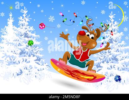 Ein mit Weihnachtsbällen und einer Girlande dekoriertes Rentier steigt auf einem Snowboard vor dem Hintergrund eines verschneiten Winterwaldes hinab. Stock Vektor
