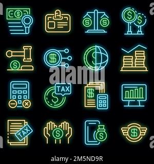 Symbole für Steuervorschriften eingestellt. Skizzieren Sie einen Satz von Vektorsymbolen für Steuervorschriften in Neonfarbe auf Schwarz Stock Vektor