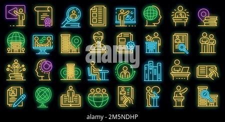 Symbole für Praktikumsstellen. Skizzieren Satz von Praktikum Vektor-Icons Neonfarbe auf schwarz Stock Vektor