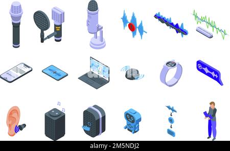 Symbole für die Spracherkennung eingestellt. Isometrischer Satz von Vektorsymbolen für die Spracherkennung für das Webdesign, isoliert auf weißem Hintergrund Stock Vektor