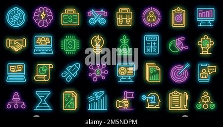 Unternehmer Symbole gesetzt. Skizzieren Satz von Unternehmer Vektor-Icons Neonfarbe auf schwarz Stock Vektor