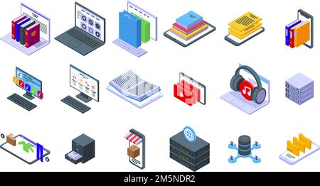 Symbole für elektronische Kataloge gesetzt. Isometrischer Satz von Vektorsymbolen für elektronische Kataloge für Webdesign auf weißem Hintergrund isoliert Stock Vektor