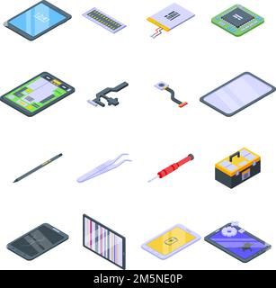 Symbol für die Tablettreparatur eingestellt. Isometrischer Satz von Tablet-Reparatur-Vektor-Symbolen für Web-Design auf weißem Hintergrund isoliert Stock Vektor