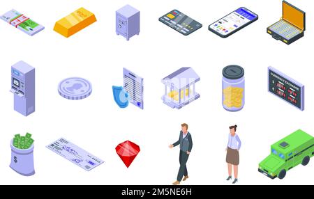 Banksymbole eingestellt. Isometrischer Satz von Bankvektorsymbolen für Webdesign auf weißem Hintergrund isoliert Stock Vektor