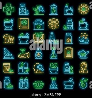 Symbole für die Phytotherapie gesetzt. Skizzieren Sie Satz von Phytotherapie Vektor-Symbole Neonfarbe auf schwarz Stock Vektor