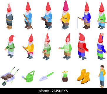 Gartenzwerg-Symbole gesetzt. Isometrischer Satz von Gartenzwerg-Vektor-Symbolen für Webdesign isoliert auf weißem Hintergrund Stock Vektor