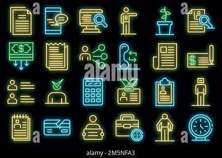 Symbole für Arbeitslose eingestellt. Umreißen Satz von arbeitslosen Vektor-Symbole Neonfarbe auf schwarz Stock Vektor