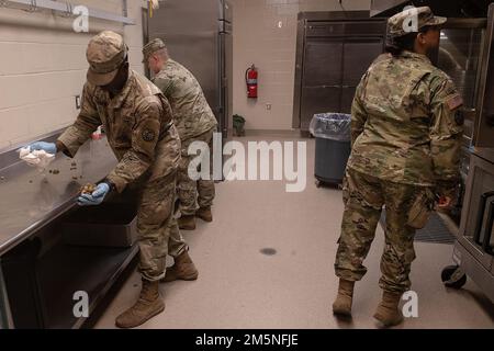 Jonah Dittenber (links) und PFC. Ethan Mitchel beginnen mit dem Abräumen ihrer Tische, um an einem anderen Teil des Abendessens zu arbeiten. Sergeant 1. Class Gladys Montelongo überprüft den Ofen. Napoleon Bonaparte heißt es: "Eine Armee marschiert auf dem Bauch." Das Sprichwort zeigt, wie wichtig es ist, dass Soldaten im Feld nur dann effektiv sein können, wenn sie gut gefüttert sind. Das 2-116.-Kombi-Bataillon der Idaho Army National Guard war in den letzten Tagen des März auf dem Gelände des Orchard Combat Training Center, um sich auf einen bevorstehenden Einsatz in Suppo vorzubereiten Stockfoto