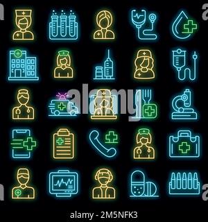Schwesternsymbole eingestellt. Skizzieren Sie eine Reihe von Krankenschwester Vektor-Symbole neoncolor auf schwarz Stock Vektor