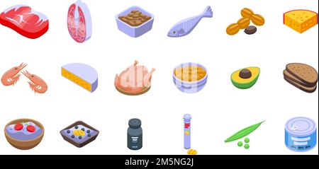 Symbole für Proteinnährstoffe eingestellt. Isometrischer Satz von Protein-Nährstoff-Vektor-Symbolen für Webdesign isoliert auf weißem Hintergrund Stock Vektor