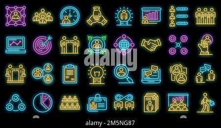 Symbole für die Zusammenarbeit festgelegt. Skizzieren Sie eine Reihe von Zusammenarbeitsvektorikonen in Neonfarbe auf Schwarz Stock Vektor