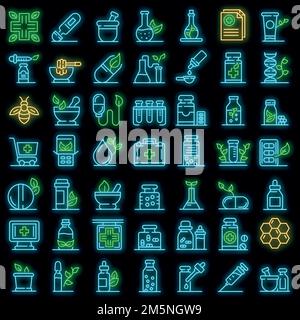 Symbole für Homöopathie eingestellt. Skizzieren Sie einen Satz von Homöopathie Vektor-Symbole Neonfarbe auf schwarz Stock Vektor