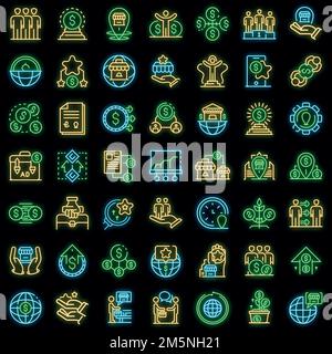 Franchise-Symbole gesetzt. Umreißen Satz von Franchise-Vektor-Symbole Neonfarbe auf schwarz Stock Vektor