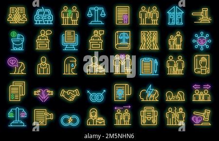 Scheidungssymbole gesetzt. Skizzieren Satz von Scheidung Vektor-Symbole Neonfarbe auf schwarz Stock Vektor
