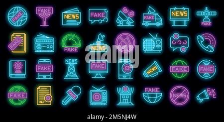 Fake News-Symbole gesetzt. Umreißen Satz von gefälschten News Vektor-Symbole Neonfarbe auf schwarz Stock Vektor