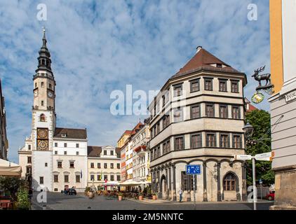 Alter Rathaus-Uhrturm und unterer Marktplatz, Untermarkt, Görlitz, Görlitz, Deutschland Stockfoto