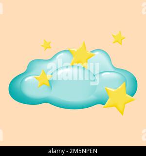 Cartoon Blau flauschige Wolke mit gelben Sternen isoliert auf beigem Hintergrund. Vektordarstellung. Stock Vektor