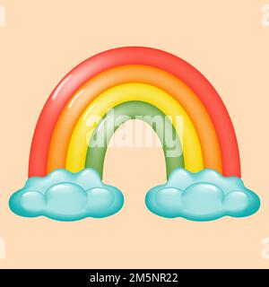 Cartoon mit hellen Regenbogen und Wolken. Farbenfroher, niedlicher Regenbogen mit Wolken 3D. Das Konzept der Wanddekor für Kinder. Vektordarstellung. Stock Vektor