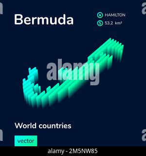 Karte von Bermuda 3D. Stilisierte isometrische gestreifte digitale Neonvektorkarte der Bermudas in Grün und Mint auf dunkelblauem Hintergrund Stock Vektor