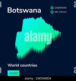 Karte von Botswana 3D. Die stilisierte isometrische Neonvektorkarte von Botswana ist grün und mintgrün auf dunkelblauem Hintergrund Stock Vektor