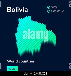 Karte Bolivien 3D. Stilisierte gestreifte digitale Neon-isometrische Vektorkarte Boliviens Karte ist grün und mintgrün auf dunkelblauem Hintergrund Stock Vektor