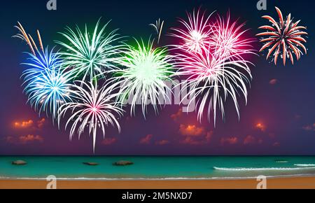 Feuerwerk am Strand - digitale Illustration Stockfoto
