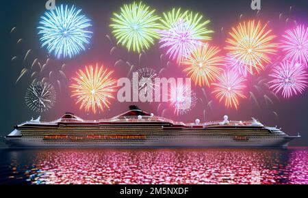 Kreuzfahrtschiff und Feuerwerk – digitale Illustration Stockfoto