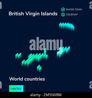 Stilisierter gestreifter Vektor Neon isometrische britische Jungferninseln Karte mit 3D-Effekt. Die Karte der Britischen Jungferninseln ist in grünen und mintfarbenen Farben auf dem dunkelblauen Hintergrund Stock Vektor